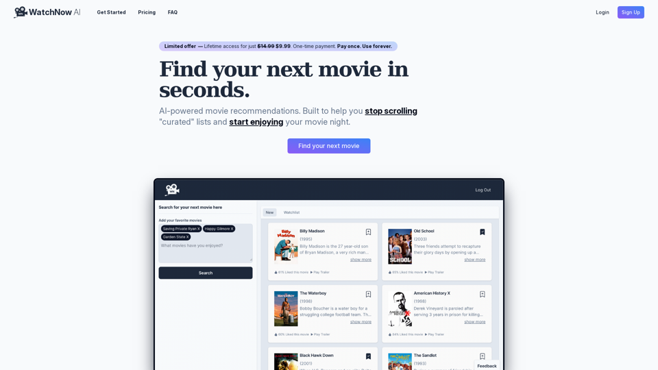 AI-Powered Movie Recommendations - WatchNow AI Directory